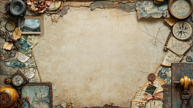 vintage scrapbook page featuring decorative maps, photos, and artifacts, evoking sense of adventure and nostalgia