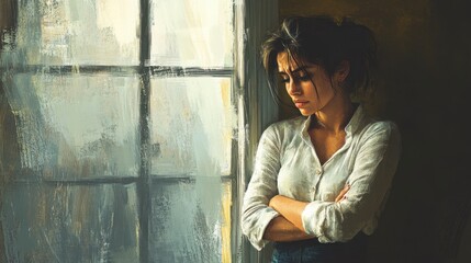 Obraz premium Contemplative young woman with long dark hair gazing out of a window in a softly lit room with artistic brush strokes