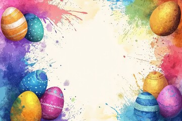 Vibrant Easter Card Design with Colorful Watercolor Splashes and Abstract Egg Shapes