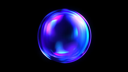 Neon glowing futuristic 3d sphere. Vibrant blue and purple 3d orb reflecting on black. Future technology, artificial intelligence, big data, engineering, and virtual assistant concept.