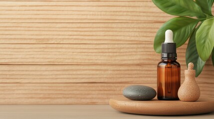 Thyroid and Endocrine Concept, Calming Aromatherapy Corner with Essential Oil Bottle, Stones, and Green Leaf Decor in Natural Setting