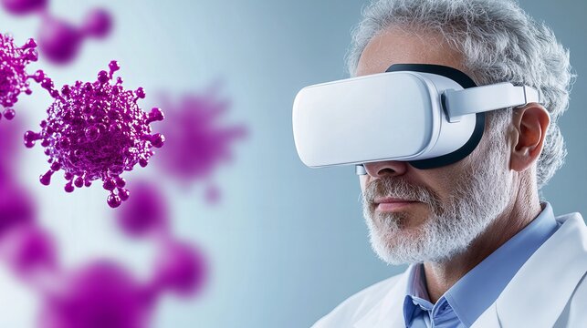 An elderly Caucasian man in a lab coat experiences virtual reality technology related to molecular research. - Powered by Adobe