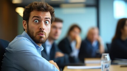 Fototapeta premium Surprised man in a meeting showcasing shock while colleagues discuss a serious topic in a modern office setting