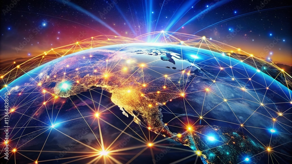 Poster digital world centered in the usa: a bokeh effect representation of global networks, communication, 