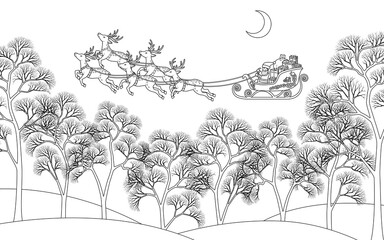 Christmas Santa Claus sleigh and Rudolph linework, transparent background lines for postcards and wallpapers
