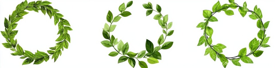 A set of green leaf wreaths in clip art style on white background.