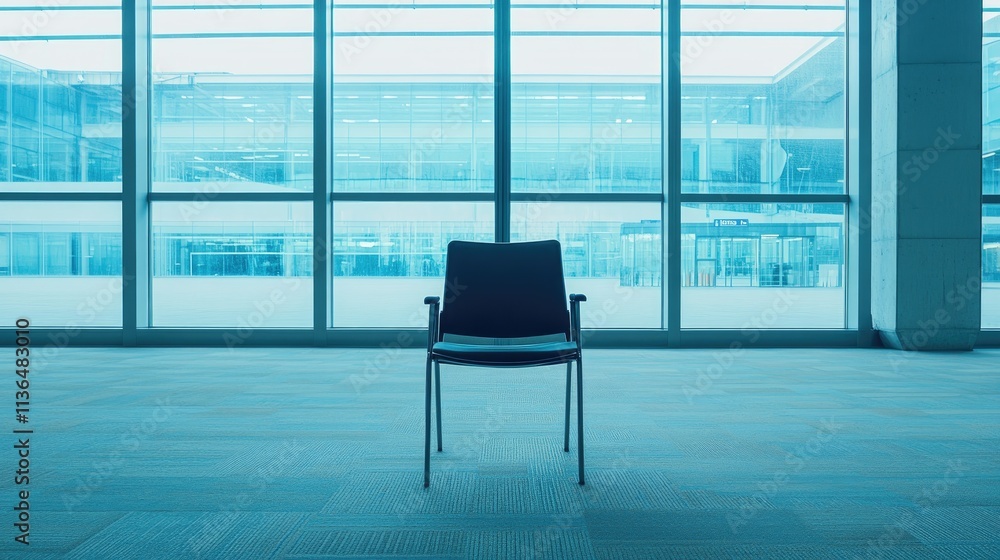 Poster empty chair in modern space with large windows and soft light