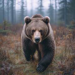 Fototapeta premium Powerful grizzly bear strolling through a misty and enchanting forest.