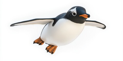 Fototapeta premium Studio photo of a flying penguin isolated against a white background. Wildlife and conservation concept, space for copy.