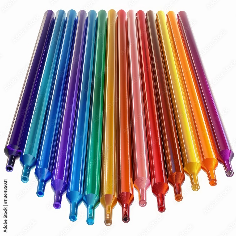Poster dichroic glass rods arranged in spectrum order creating a vibrant display of color