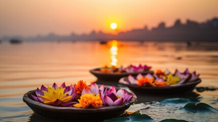 Obraz premium Beautiful Floating Lotus Flowers on Calm Water at Sunset