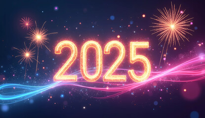 An abstract New Year 2025 wallpaper featuring a dynamic and celebratory design. The artwork includes bold, colorful fireworks in shades of gold, silver, and bright pink, with swirling ribbons of light