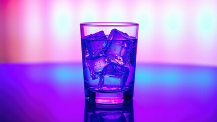 A Refreshing Glass of Water with Ice Cubes Illuminated by Vibrant Purple and Blue Lighting