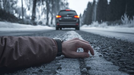The downed victim of a traffic accident. a close-up of the downed man's hand on a snowy road, in the distance you can see how the car is leaving the scene.