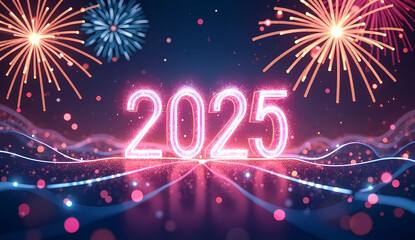 An abstract New Year 2025 wallpaper featuring a dynamic and celebratory design. The artwork includes bold, colorful fireworks in shades of gold, silver, and bright pink, with swirling ribbons of light