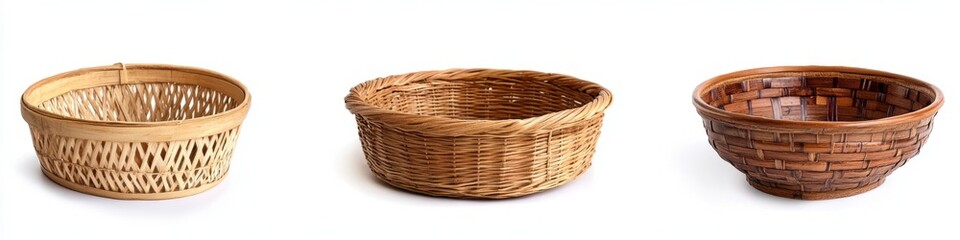 Obraz premium Three different baskets of natural wood and bamboo on white background.