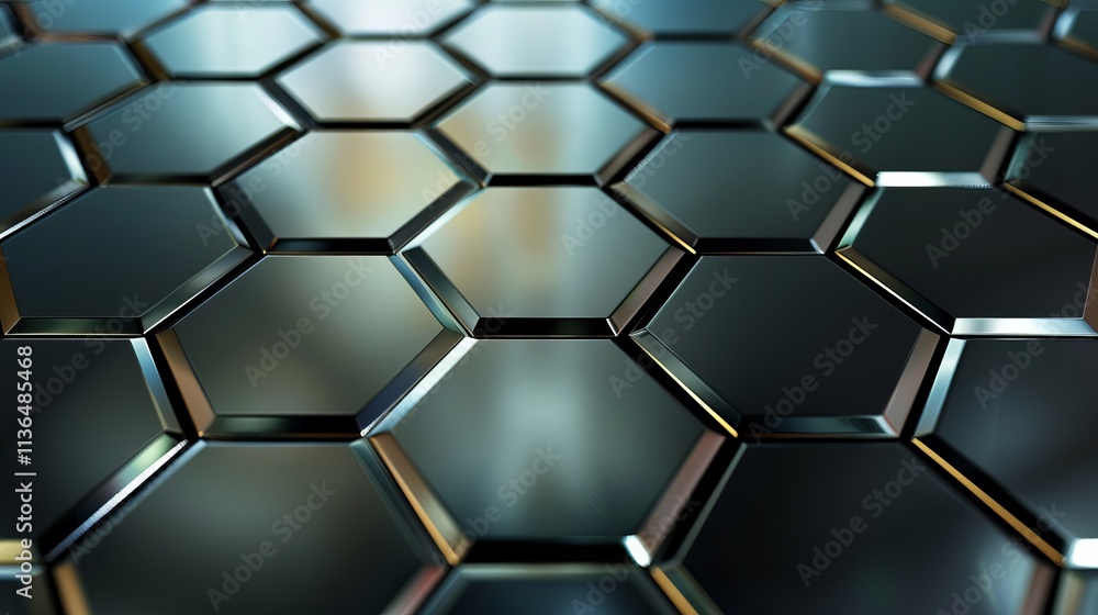 Poster close-up of a sleek, metallic hexagonal pattern, showcasing a modern design aesthetic with reflectio