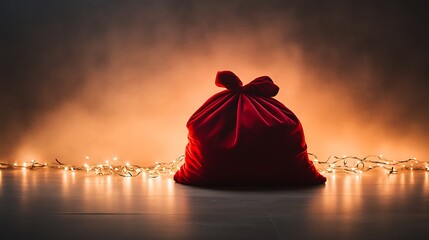 Large velvet red sack of gifts glowing warmly under festive Christmas lights