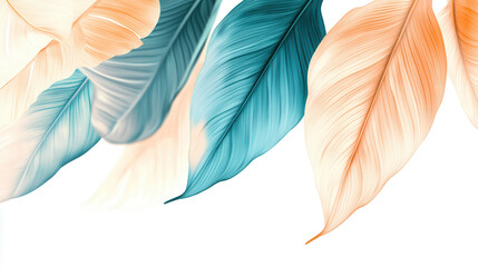 A detailed graphic illustration of tropical leaves, in shades of teal, peach