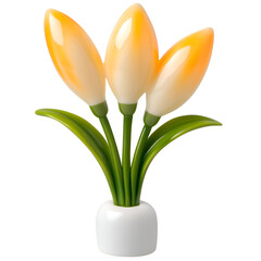 A modern vase holding three stylized yellow tulips, showcasing a bright and cheerful design.