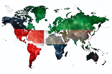 Double Exposure Photography of United Arab Emirates Flag Overlaid on World Map, Symbolizing Cultural Connection and Global Influence of the UAE in Modern Society