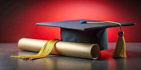 Academic Achievement Graduation Cap and Diploma with Golden Tassel on a Dark Surface