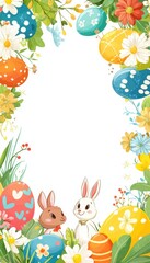 Joyful Easter Greeting Card with Cartoon Rabbit, Colorful Eggs, and Spring Flowers