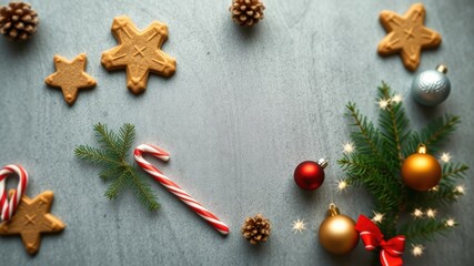 Festive Holiday Season Decor Star and Snowflake Cookies, Candy Canes, Ornaments, Pine Cones, and Evergreen Sprig on a Grey Surface