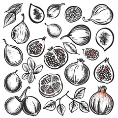 Botanical Fruits in doodle style. Vector hand-drawn black line design elements.