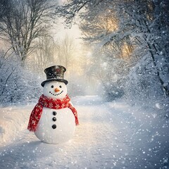 Fototapeta premium Frosty snowman in snowy winter forest path at sunrise.