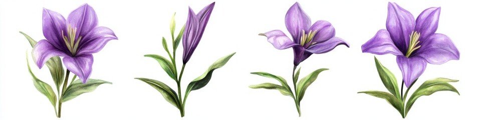 A set of purple flowers with green leaves in vector illustration on white.
