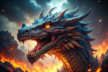 Naklejka premium Dragon Roar, Fiery Sky, Cinematic, Unreal Engine, High Depth of Field, Glowing Eyes, Sharp Teeth