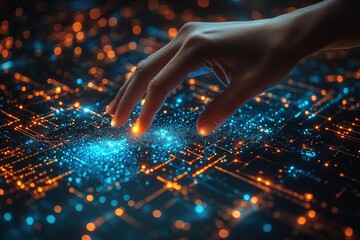 A hand interacts with a futuristic circuit board.