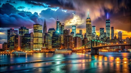 Obraz premium Dramatic NYC Skyline Night Photography, Low Light Cityscape, Manhattan Nightscape, Dark City, Urban Nights