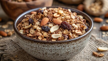 Healthy granola bowl with nuts and dried fruits on wooden table