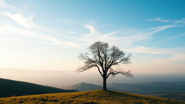 Serene landscape featuring a solitary tree on a hilltop, overlooking a vast expanse of rolling hills under a tranquil sky