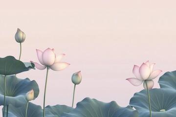 Fototapeta premium Delicate Pink Lotus Blossoms in a Serene Still Life. A Peaceful and Elegant Floral Artistic Still Life, Showcasing the Beauty of Nature's Gentle Grace.