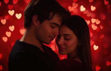 Young couple in love, man and woman hugging each other on red background, celebrating Valentine's Day with romantic atmosphere, perfect for greeting card design and social media posts.