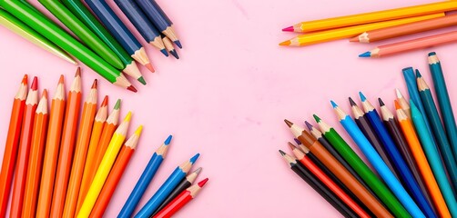 Fototapeta premium A vibrant arrangement of colored pencils on a pink background, showcasing a variety of shades and hues perfect for creative projects.