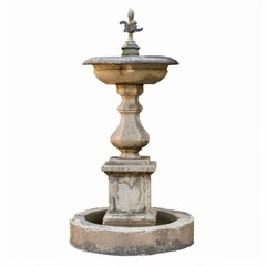 Fototapeta premium Weathered stone fountain isolated on white background, showing signs of age and wear