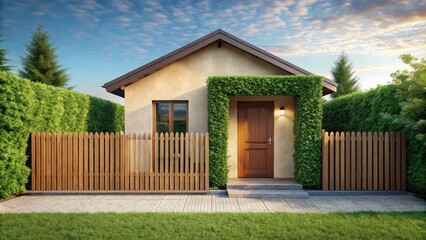 Obraz premium Charming Small House with Wooden Fence and Lush Greenery