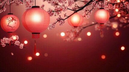 Enchanting red lanterns glow amidst cherry blossoms, ideal for Lunar New Year celebrations, cultural events, or decorative use for festive occasions.