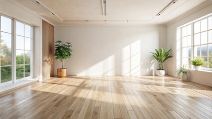 Fototapeta premium Bright, airy minimalist room interior design with hardwood floors and large windows showcasing natural light and potted plants