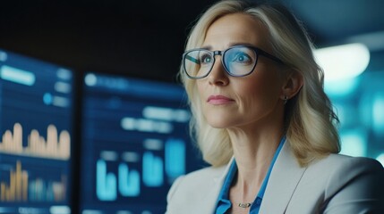 Professional Woman Analyzing Data in Modern Office Environment