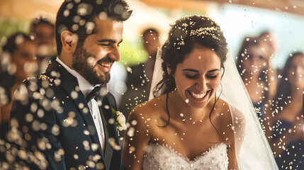 Newlyweds Under a Shower of Love: A radiant bride and groom, bathed in a cascade of confetti, share a joyous laugh as they embark on their new life together. Their happiness is infectious.