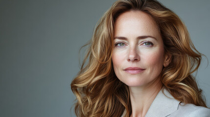 Naklejka premium Portrait of a woman with wavy hair natural makeup and a confident expression indoors
