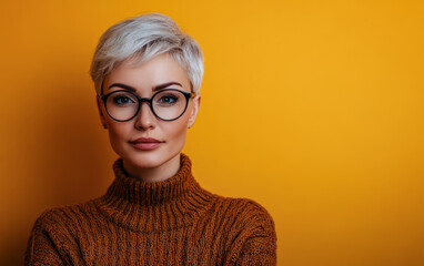 Confident woman with short blonde hair poses against a vibrant yellow background