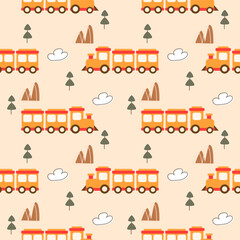 Train orange yellow cartoon so cute. On tree mountain cloud background. Pattern seamless vector illustration. 