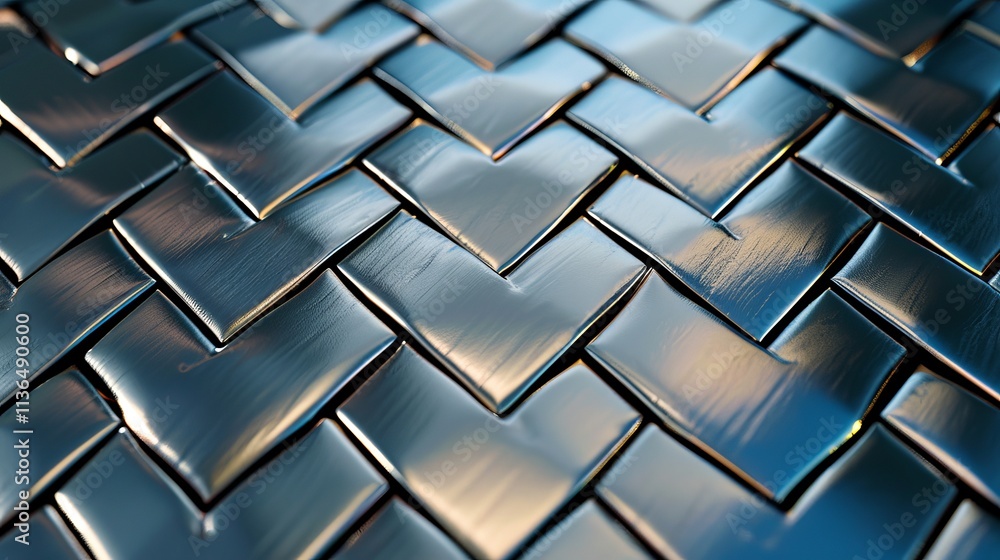 Poster a close-up view of an intricate woven pattern made of shiny metallic material, reflecting light with