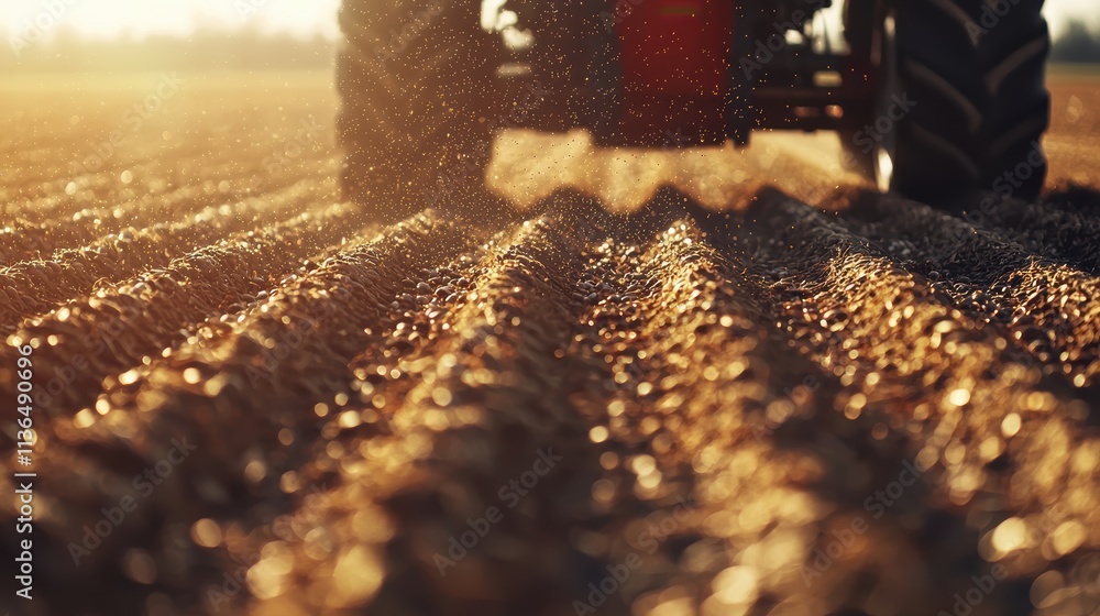 Poster precision agriculture: close-up of seeding machine sowing seeds with accuracy in tilled field